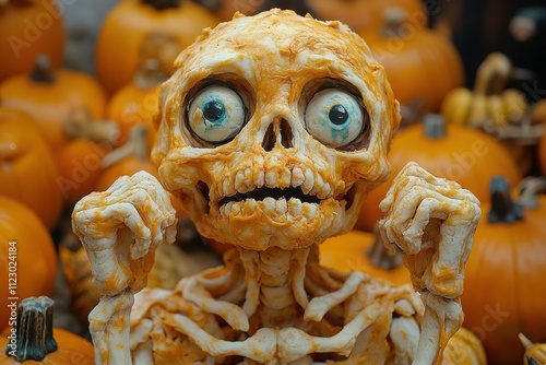 A whimsical skeleton figure with large eyes amidst a backdrop of pumpkins. photo