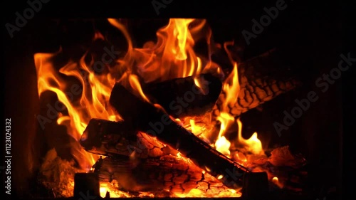 Dancing flames in cozy fireplace bring warmth to winter evening photo