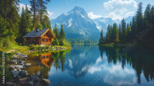 Enjoy a peaceful retreat in a cozy cabin by the lake, surrounded by majestic mountains and lush trees, perfect for unwinding and connecting with nature photo