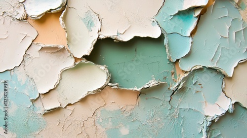 Highly textured composition with peeling layers of paint in vintage-inspired colors