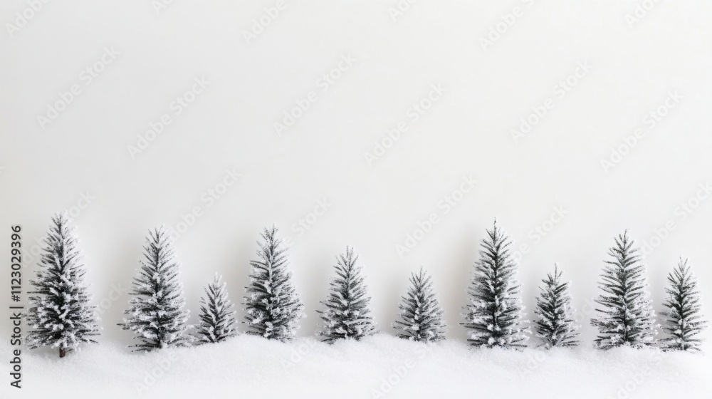 Fototapeta premium Minimalist design with small frosted pine trees and Scandinavian-style accents on a white background for winter inspiration