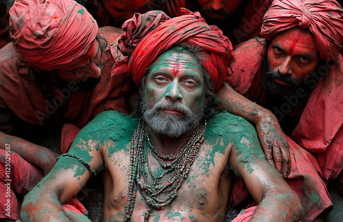 Man with green pigment surrounded by men with red pigment, celebration