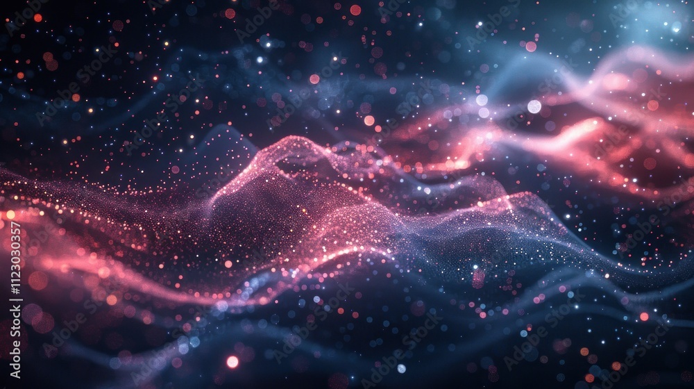 Obraz premium Abstract background with glowing particles, pink and blue colors, and waves of light.