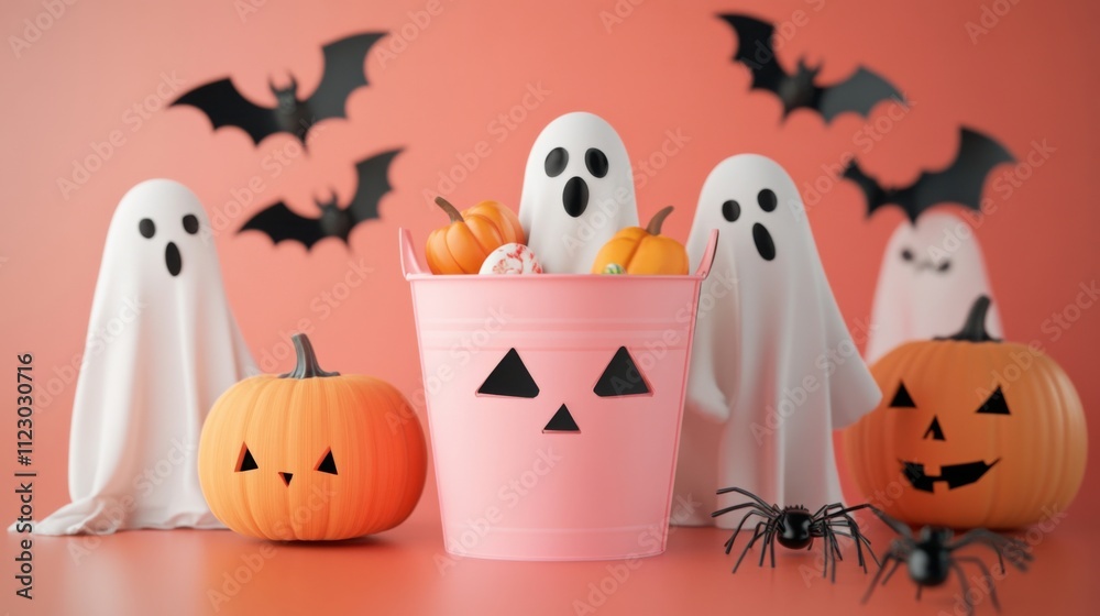 Playful Halloween design with ghosts, candy, pumpkin bucket, bats, and spider decor on pink background for festive messages Playful Halloween design with ghosts, candy, pumpkin bucket, bats, and spider decor on pink background for festive messages