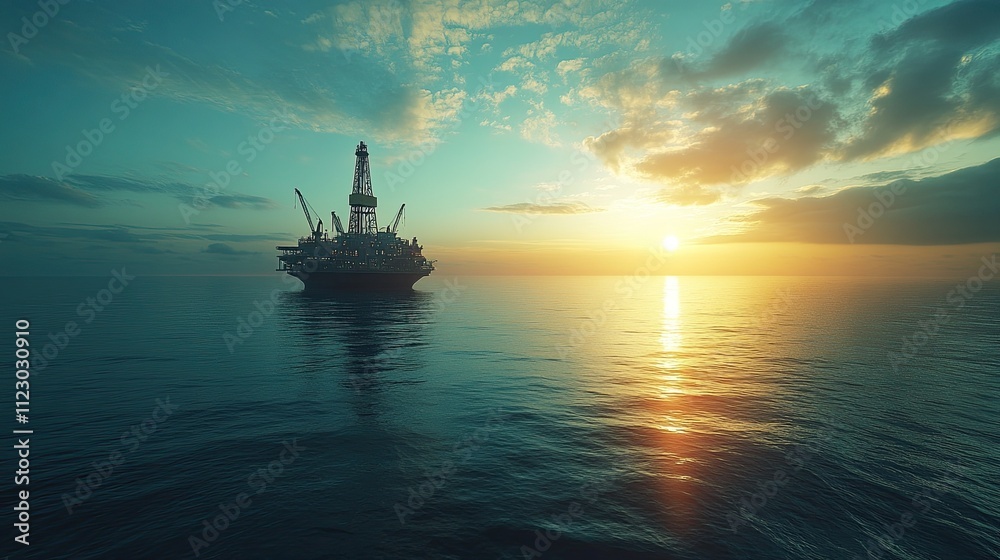 An offshore oil rig surrounded by calm blue ocean waters under a bright sun