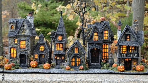 Spooky Halloween village with lit houses and pumpkins. photo