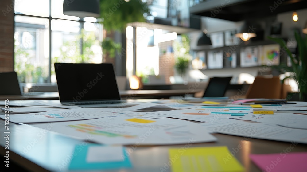 Naklejka premium Business plan documents spread across a modern office table, showcasing company growth ideas, a laptop in the background, startup strategy