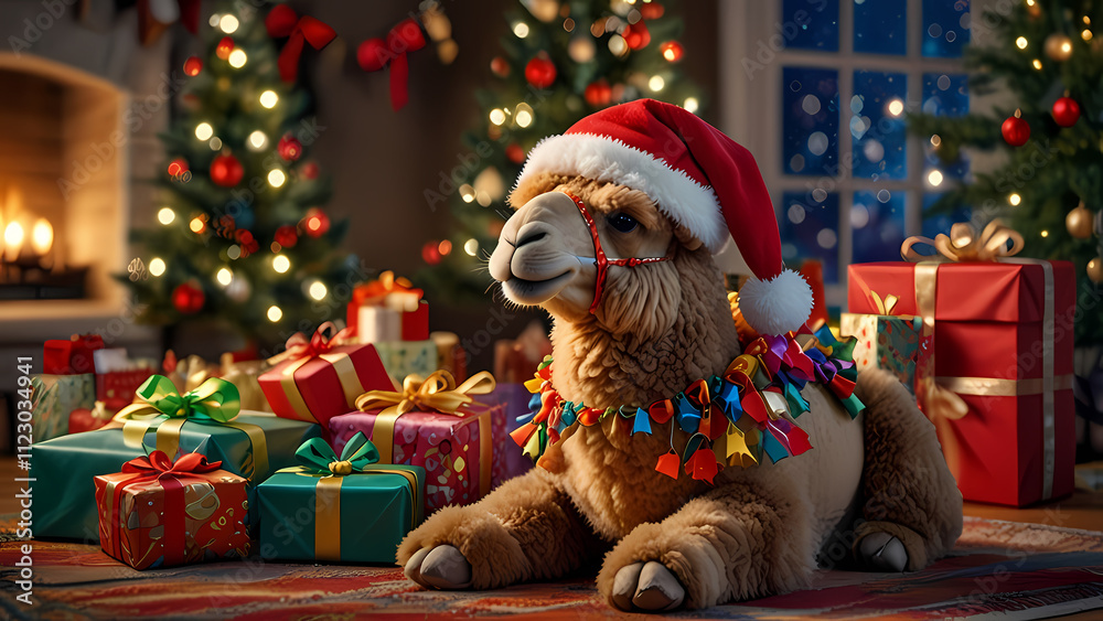 Naklejka premium cute stuffed Camel wearing a festive Santa hat with colorful pile of wrapped Christmas presents background