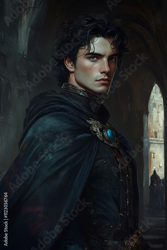 A handsome man with black hair and blue eyes, wearing a dark fantasy outfit with a cape, stands inside an old castle. portrait is set in a night scene, painted in a fantasy art style  