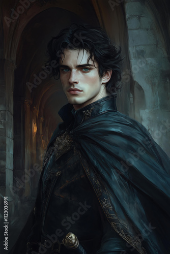 A handsome man with black hair and blue eyes, wearing a dark fantasy outfit with a cape, stands inside an old castle. portrait is set in a night scene, painted in a fantasy art style  