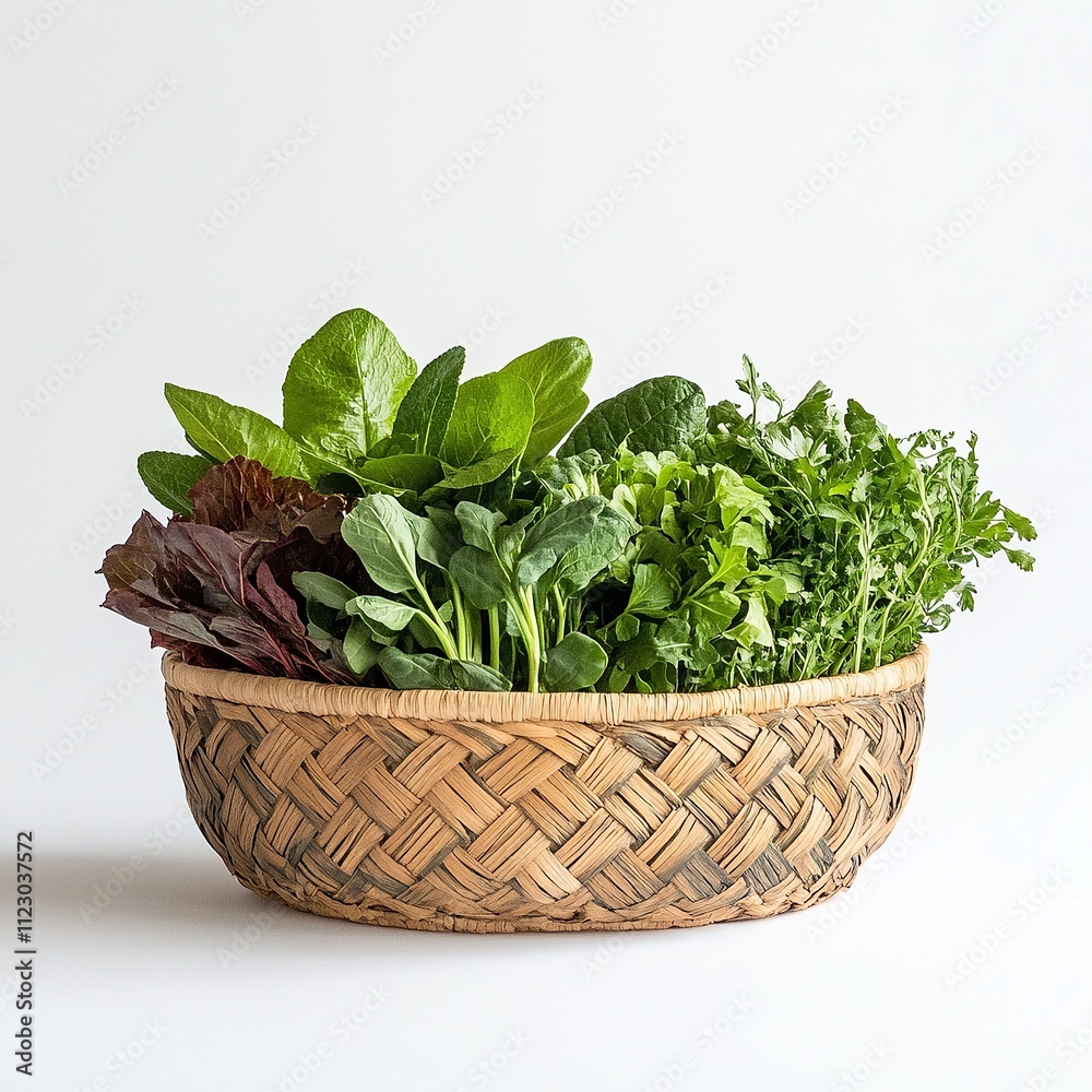 Naklejka premium Rattan basket holding assorted fresh greens, white backdrop