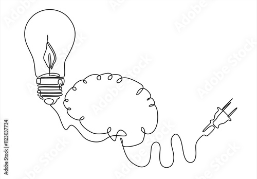 Continuous one line drawing of brain, light bulb and plug. Creative idea inspiration generator - infographic concept banner 