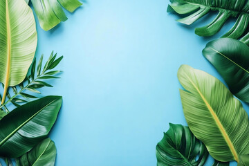 Close up border frame of large green banana and tropical palm leaves on a blue background