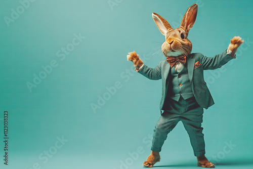 funny brown dancing bunny in a fancy emerald suit celebrating Easter isolated on moody solid smooth background  photo
