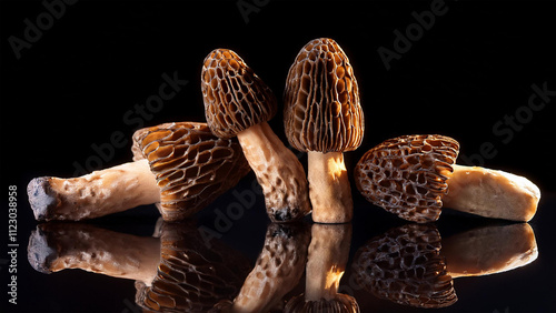 Morchel Morchella in Szene gesetzt Studio Hintergrund schwarz dunkel Präsentation isoliert Rezept Zutat Kochen Ernte Sammeln photo