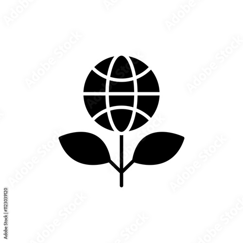 Sprout and world globe icon. Simple solid style. Planet plant leaf bio eco, green, global, protect, save nature, environment concept. Black silhouette, glyph symbol. Vector illustration isolated.