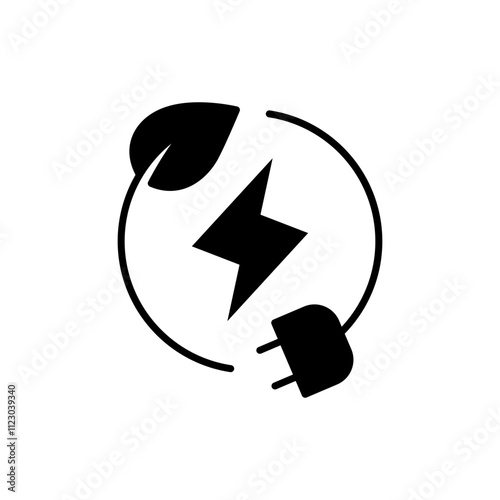Green eco energy icon. Simple solid style. Clean power, transition, lightning in circle with plant leaf and plug, renewable concept. Black silhouette, glyph symbol. Vector illustration isolated.