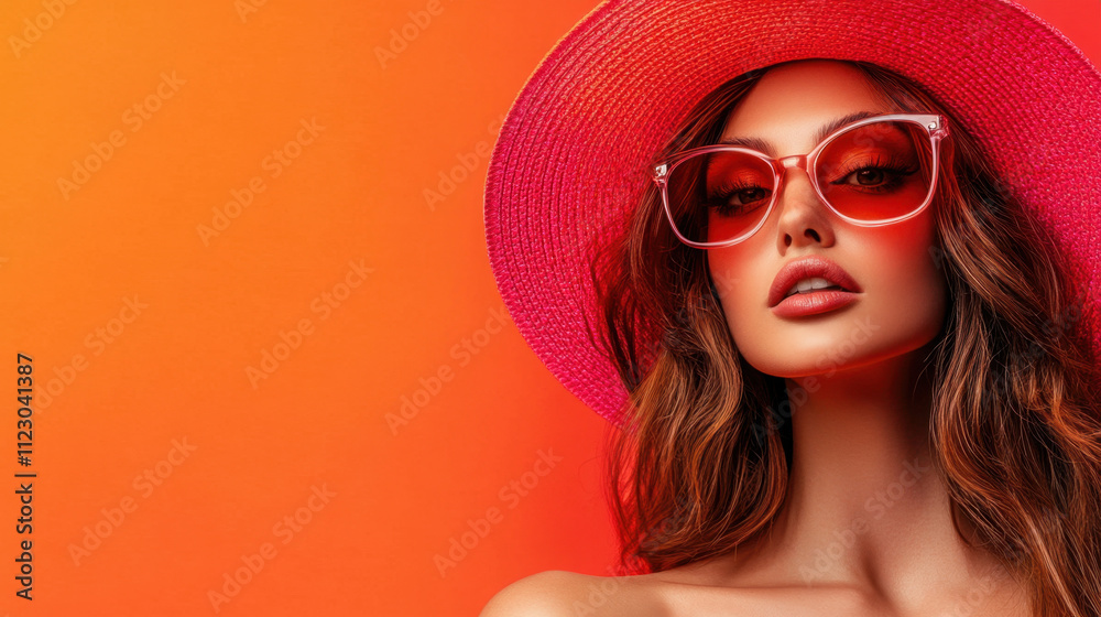 Fototapeta premium close up of stylish woman wearing sunglasses and pink hat, exuding confidence against vibrant orange background