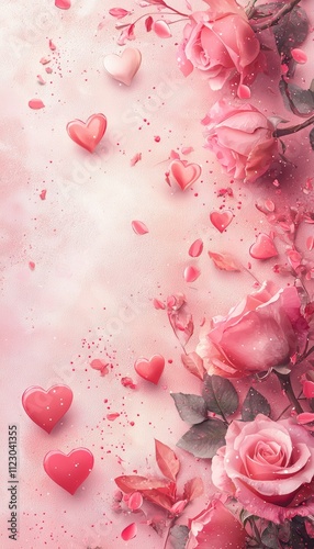 Valentine's Day Greeting Card Template with Roses and Hearts on Pink Background for Custom Messages