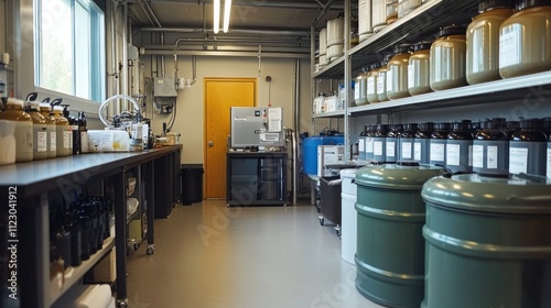 Lab setting with biofuel containers, showing sustainable energy research photo