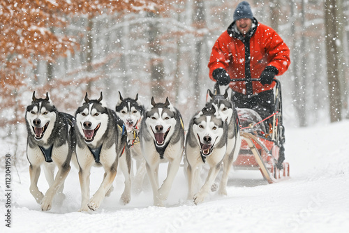 a man riding a sled pulled by dogs in the snow in a red jacket and black pants and a red jacket