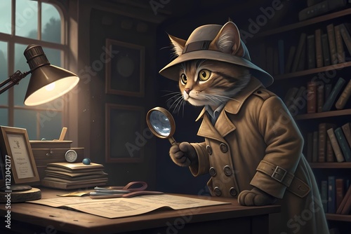 A Clever Cat in a Trench Coat and Fedora Examines Clues With a Magnifying Glass in a Cozy, Vintage-Inspired Study
