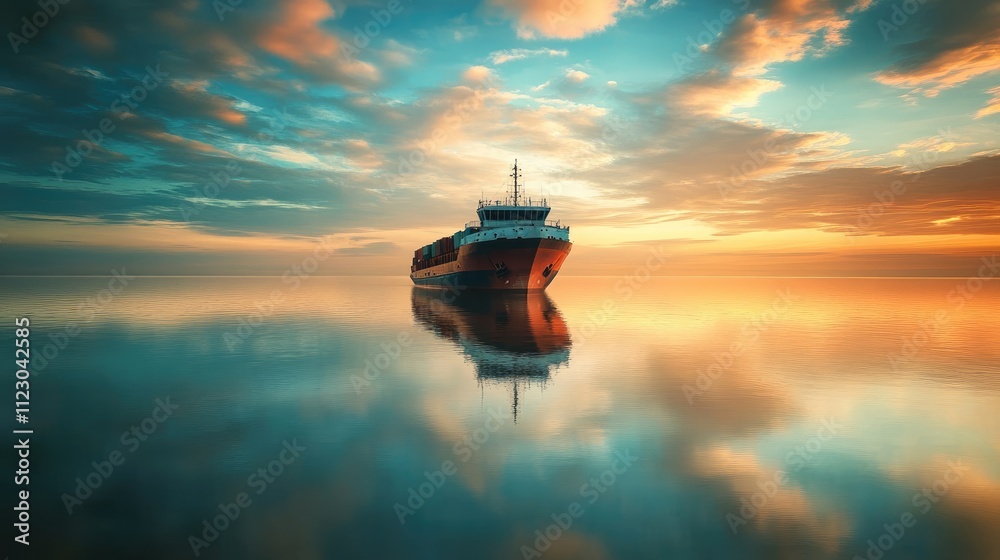 Fototapeta premium Container ship in the sea, front view, water reflection 