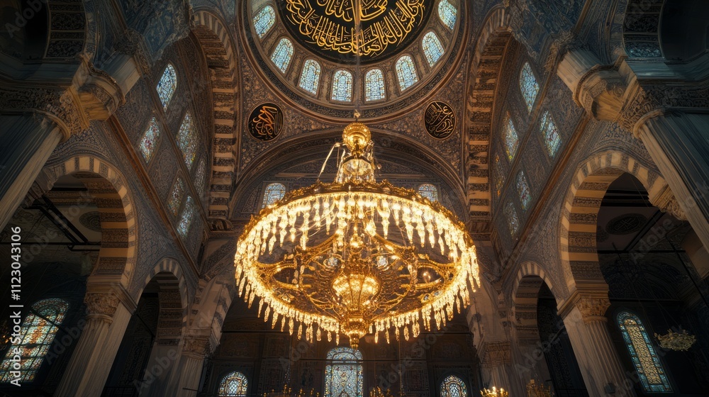Obraz premium Grand mosque interior with ornate chandelier.