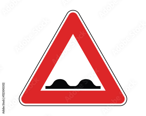 Bumpy Road Warning Sign Featuring Red Triangle and Black Humps, Indicating a Deteriorated Road Section Ahead, Available as a Vector File