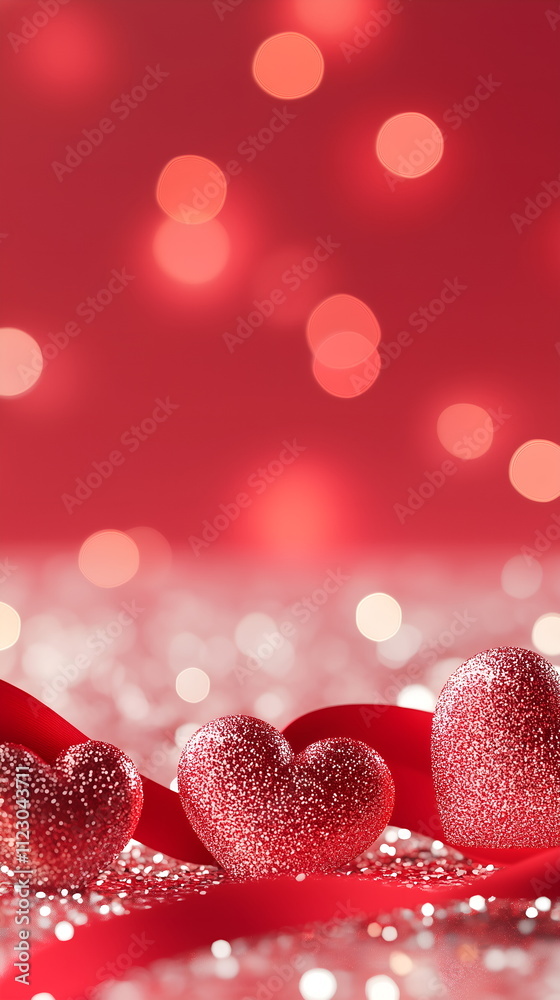Valentine's Day theme, red ribbon elegantly curling around scattered heart-shaped decorations Valentine's Day theme, red ribbon elegantly curling around scattered heart-shaped decorations