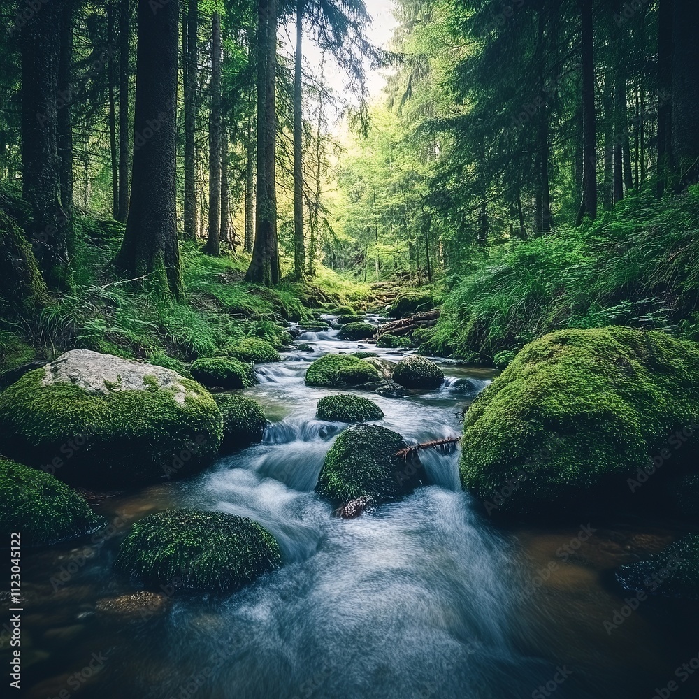 Fototapeta premium serene forest stream with moss-covered rocks, wide-angle lens capturing depth,