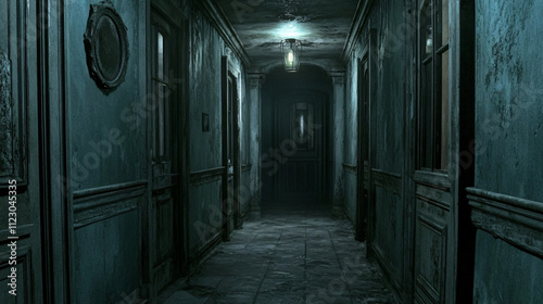 A basement corridor with doors that seem to be slightly ajar, with faint sounds coming from beyond.