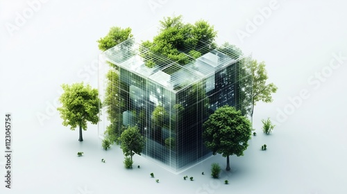 A green cube with greenery