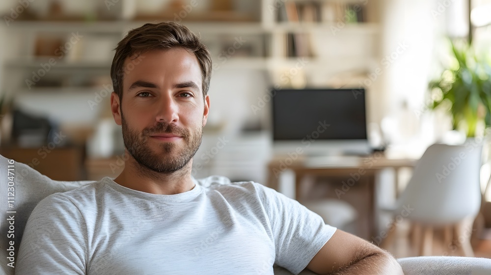 Obraz premium Cheerful man sitting comfortably in a cozy and modern living room, surrounded by minimalistic interior decor, enjoying a moment of relaxation.