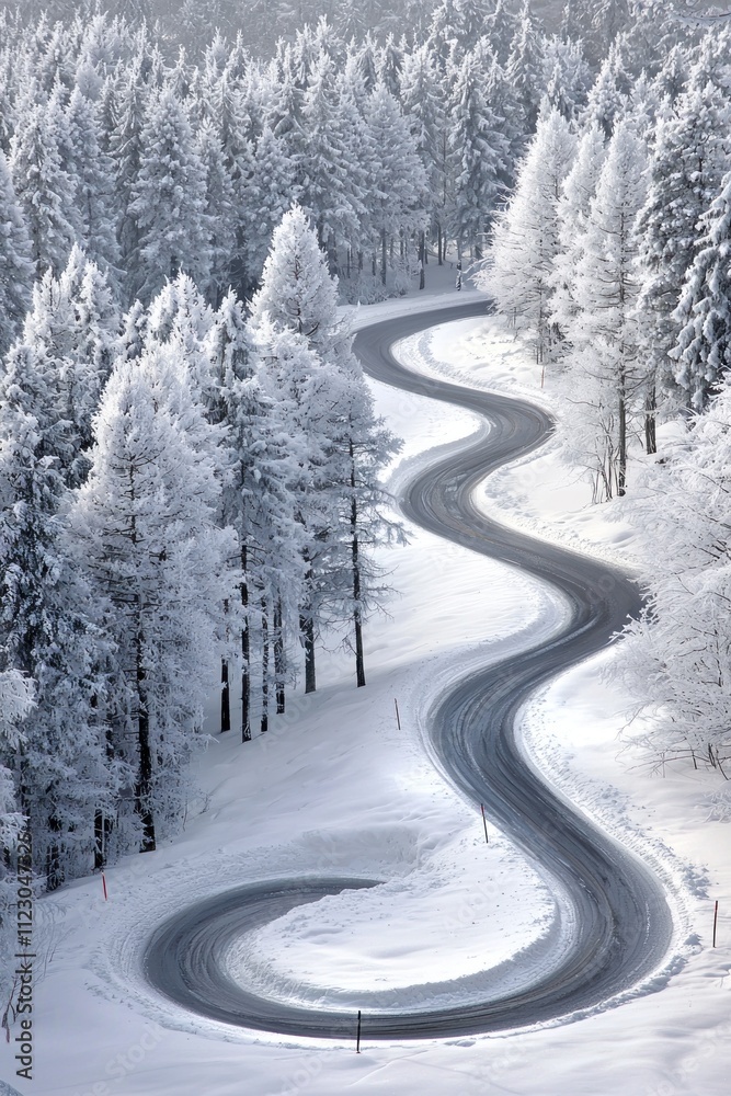 Fototapeta premium Winding Snow Covered Road Through Winter Forest Landscape