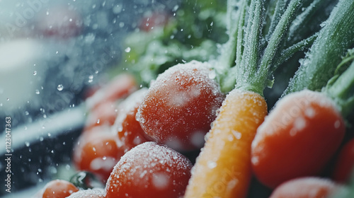 Fresh vegetables covered in frost in a winter market with blurred background details photo