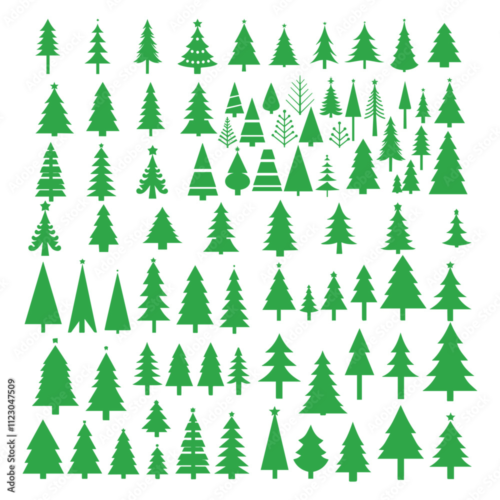 Obraz premium A set of Christmas trees isolated on a white background. Flat element of design.