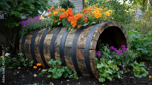 A wooden cable drum converted into a garden planter with vibrant flowers blooming. photo