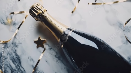 Golden champagne bottle surrounded by sparkling confetti stars, festive party streamers, and celebratory elements in a flat lay style. Perfect for Christmas, birthday, or wedding themes photo