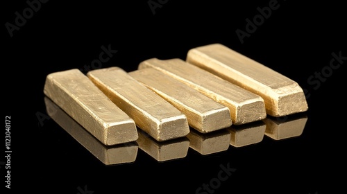 Five gold bars on reflective black surface. photo