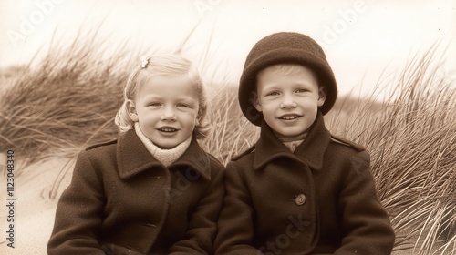 Adorable vintage scene of a blonde little girl playing at the beach with her brother. Nostalgic childhood moments by the seaside in classic retro style with warm and timeless charm photo