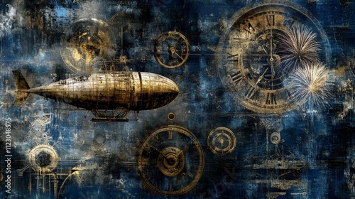 Vintage steampunk digital collage featuring intricate airship, antique clocks, fireworks, and steam engine elements with grunge textured design, highlighting industrial retro fantasy themes