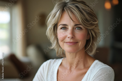 Portrait of smiling middle aged woman at home. Attractive caucasian woman on blurred interior background. Generated AI