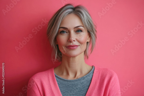 Portrait of smiling middle aged woman on color background. Attractive caucasian woman on pink background. Generated AI