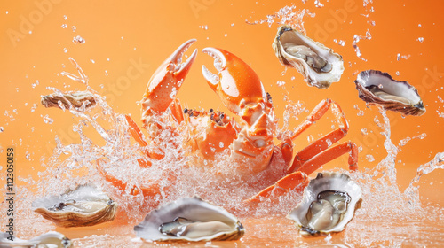 vibrant food poster featuring king crab splashing in water with oysters, showcasing lively seafood scene. Perfect for culinary enthusiasts! photo