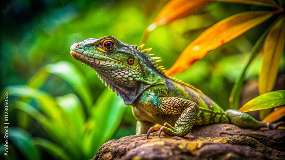 Obraz premium Serene Lizard Pose in Nature: Captivating Images of a Colorful Lizard Relaxing on a Rock with Vibrant Green Background, Showcasing Its Unique Patterns and Textures in High Depth of Field