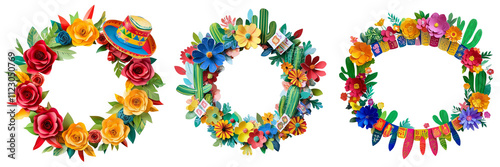 Colorful paper flower wreath with cacti and vibrant blooms in Cinco de Mayo theme on a transparent background