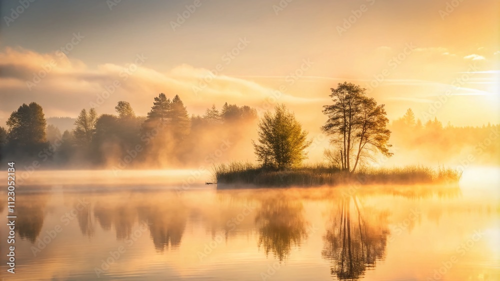 Obraz premium Serene Minimalist Photography of a Gentle Sunrise Wrapped in Soft Vanilla Fog Over a Tranquil Landscape, Evoking Calmness and Peaceful Mornings in Nature's Embrace