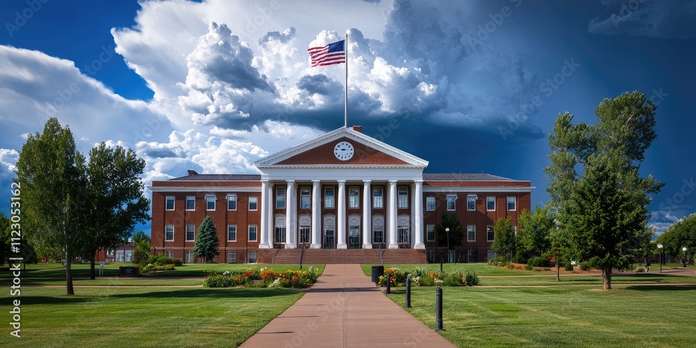 Fototapeta premium A grand building with a flag, surrounded by green lawns and trees, set against a dramatic sky.