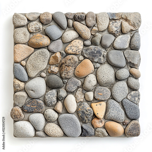 Exposed aggregate concrete square slab featuring a mix of pebbles and stones for a textured finish Isolated on white background .